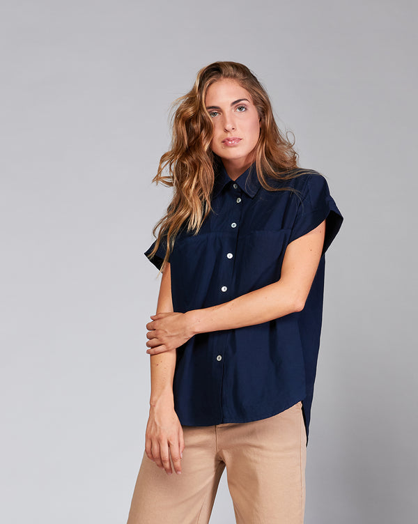 baci Cotton Short Sleeve Curved Button-Up Shirt Camel