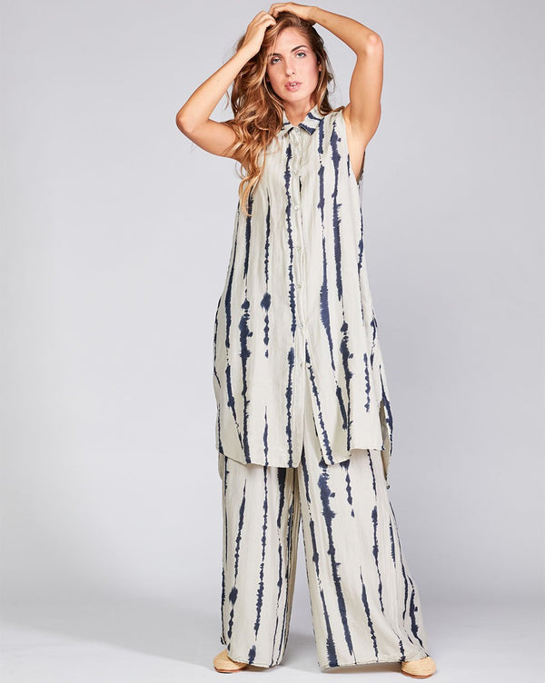 Baci Cotton Silk Blend Drip Striped Sleeveless Button-Up Shirtdress Camel