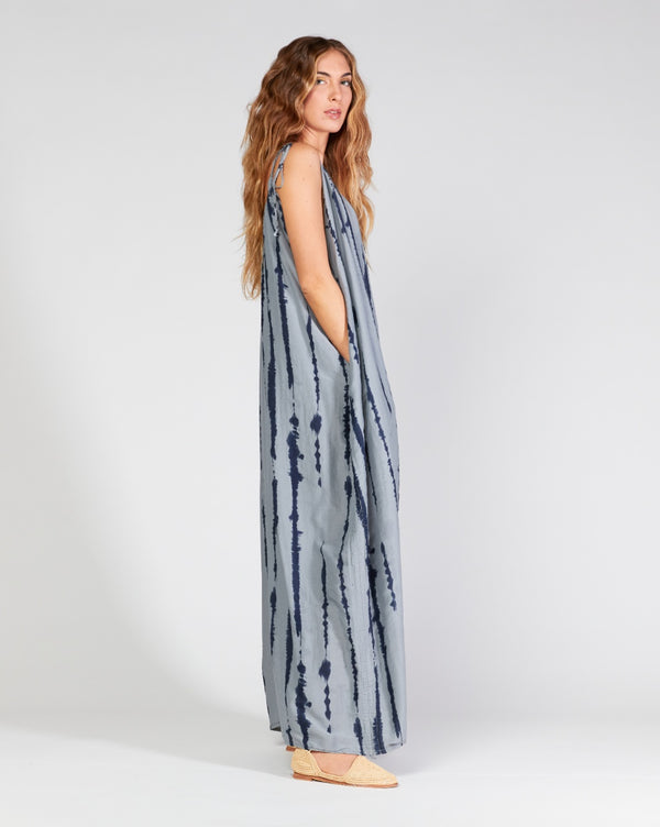 Baci Cotton Silk Blend Drip Striped Tie Waist Curved Jumpsuit Camel