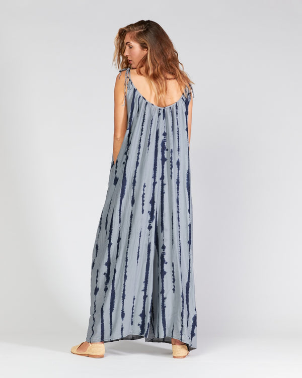 Baci Cotton Silk Blend Drip Striped Tie Waist Curved Jumpsuit Camel