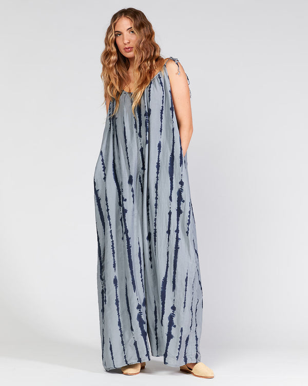 baci Cotton Silk Blend Drip Striped Tie Waist Curved Jumpsuit Camel