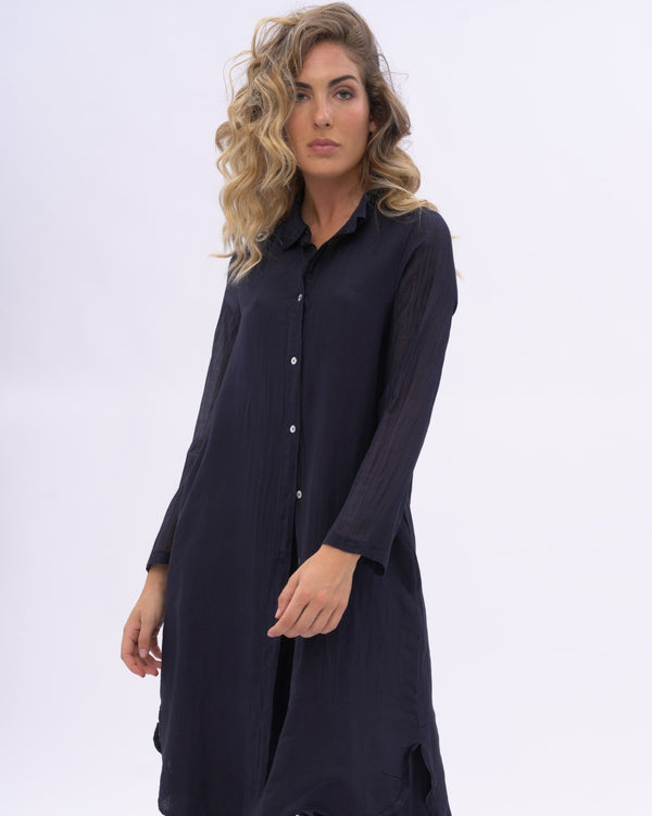 Baci Cotton Silk Blend Pleated Sleeve Shirtdress Chocolate