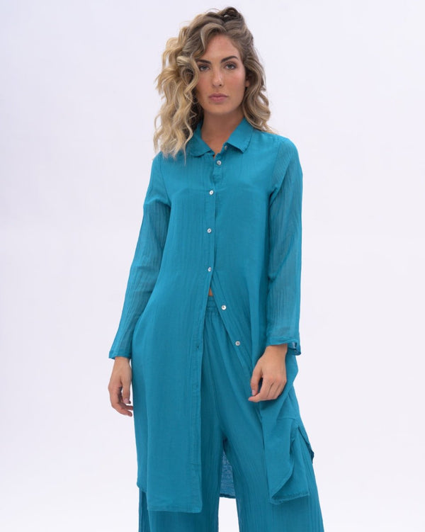 Baci Cotton Silk Blend Pleated Sleeve Shirtdress Chocolate