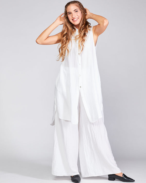 baci Cotton Silk Blend Sleeveless Button-Up Shirtdress White