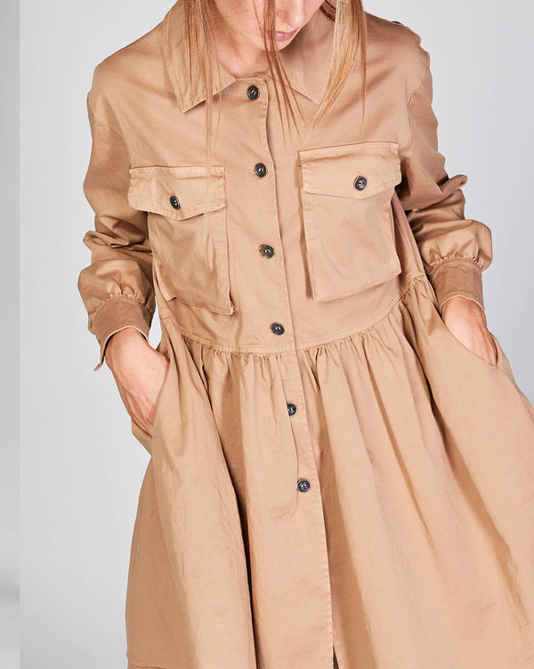 Baci Cotton Tierd Ruffle Patch Pocket Overcoat Camel