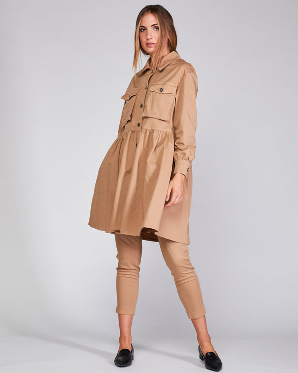 Baci Cotton Tierd Ruffle Patch Pocket Overcoat Camel