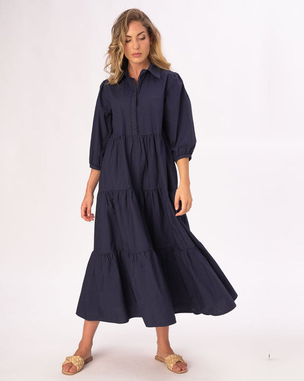 Baci Cotton Tiered Waist Button Up Shirtdress Black