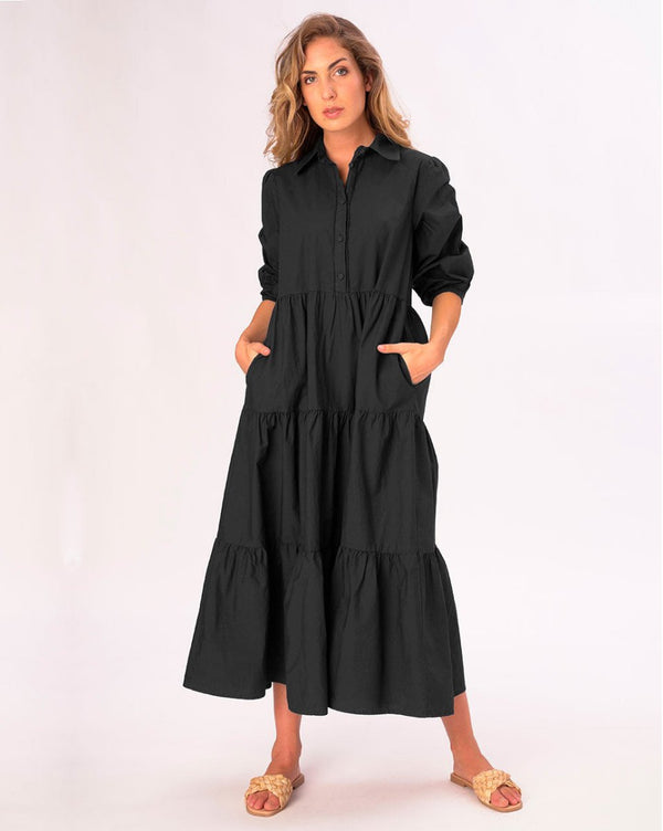 Baci Cotton Tiered Waist Button Up Shirtdress Black