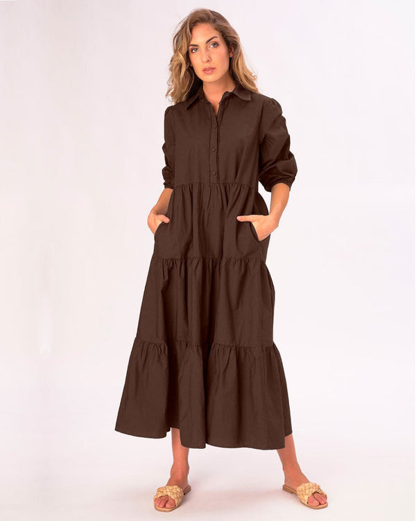 Baci Cotton Tiered Waist Button Up Shirtdress Black
