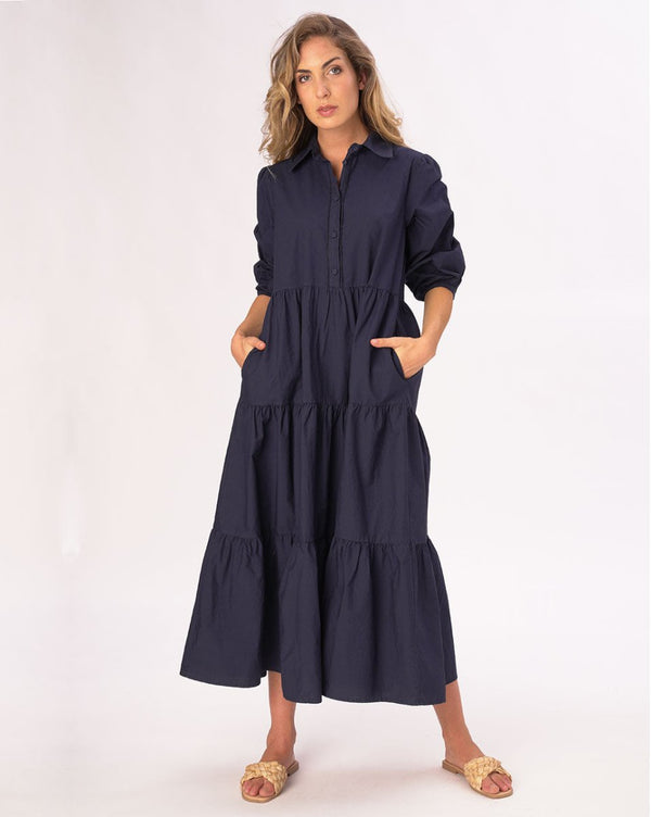 baci Cotton Tiered Waist Button Up Shirtdress Black