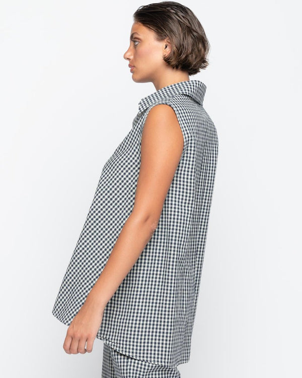 Baci Crinkle Sleeveless Checker Button-Up Shirt Navy/Beige