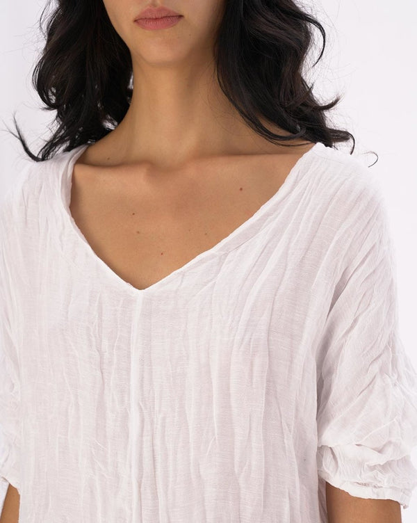 Baci Crinkled Cotton Linen 3/4 Sleeve V-Neck Dress Black