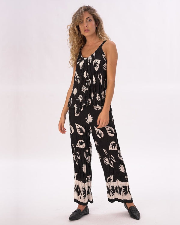 Baci Crinkled Leaf & Floral Print Camisole Tank Shirt Black / White