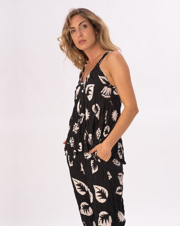 Baci Crinkled Leaf & Floral Print Camisole Tank Shirt Black / White