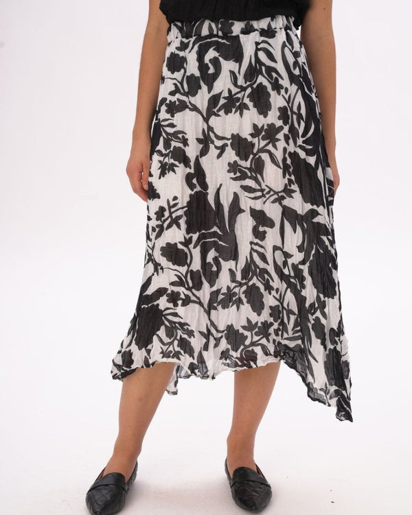baci Crinkled Maxi Elastic Waist Floral Skirt Black / White