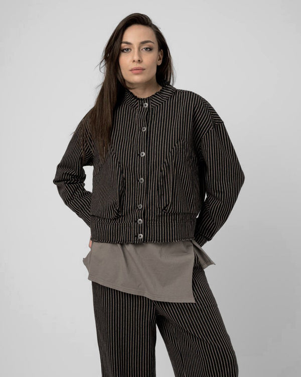 Baci Cropped Band Collar Striped Jacket Black Striped