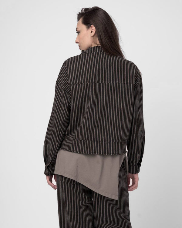 Baci Cropped Band Collar Striped Jacket Black Striped