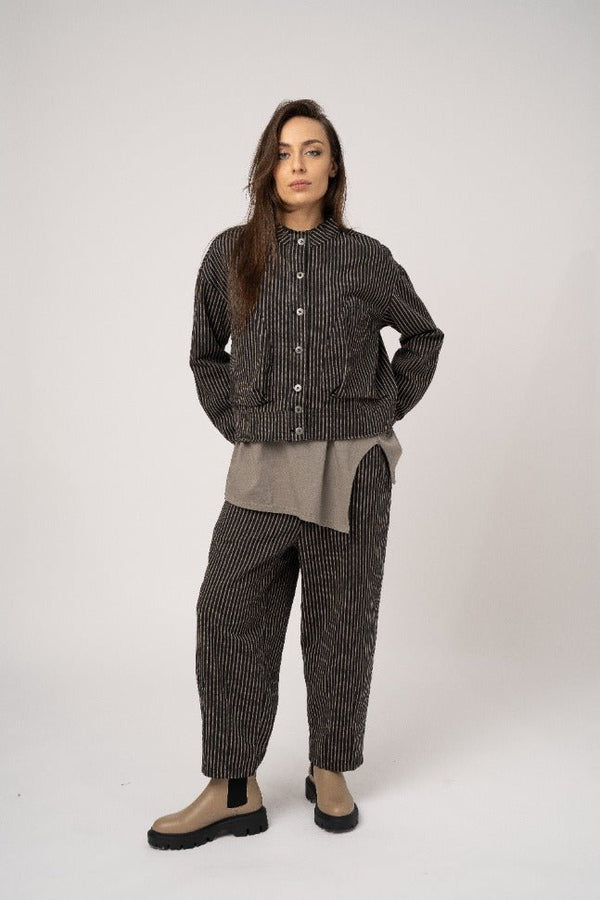 baci Cropped Band Collar Striped Jacket Black Striped