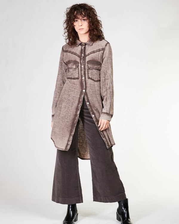 baci Eco Wash Western Paneled Button-Up Shirtdress Dark Brown