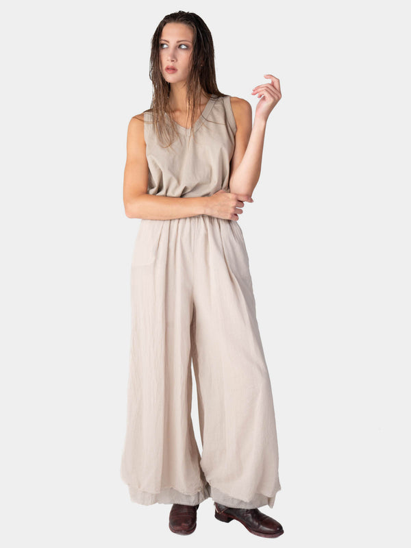 Baci Elastic Waist Layered Hem Palazzo Organic Cotton Trousers Cappuccino