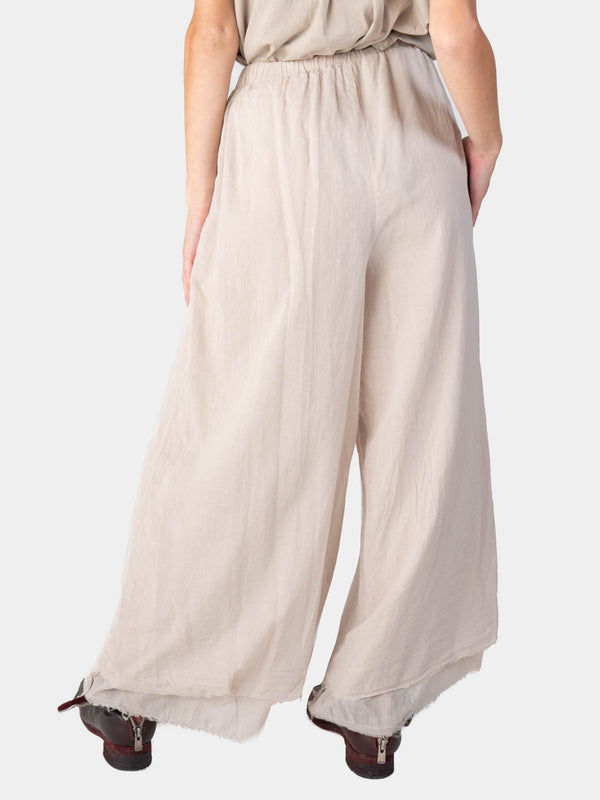 Baci Elastic Waist Layered Hem Palazzo Organic Cotton Trousers Cappuccino
