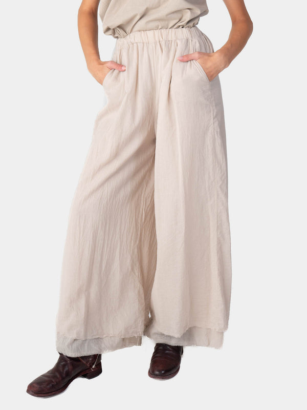 baci Elastic Waist Layered Hem Palazzo Organic Cotton Trousers Cappuccino