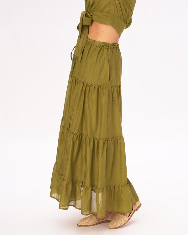 Baci Elastic Waist Pleated Tiered Cotton Skirt Black