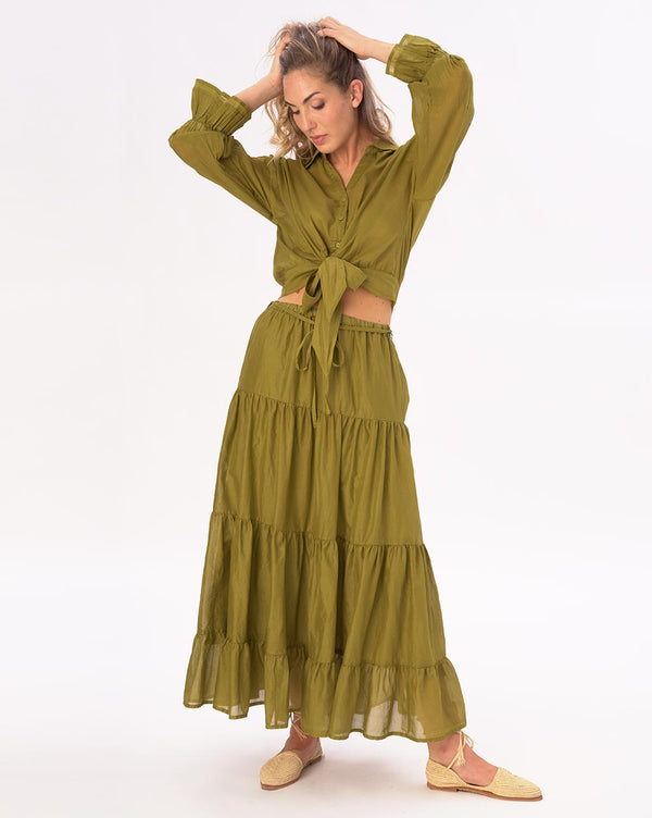 Baci Elastic Waist Pleated Tiered Cotton Skirt Black