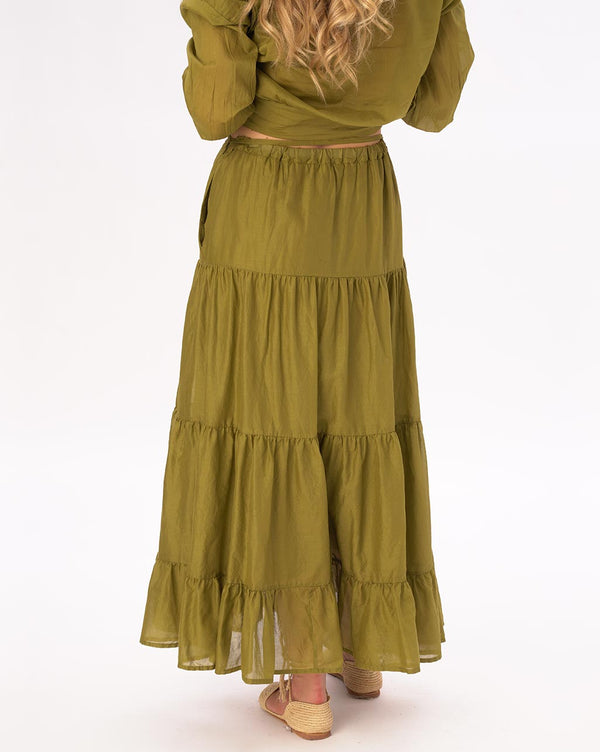 Baci Elastic Waist Pleated Tiered Cotton Skirt Black