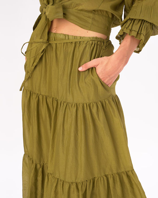 baci Elastic Waist Pleated Tiered Cotton Skirt Black