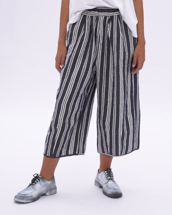 baci Indigo Striped Cotton Linen Elastic Culottes Indigo
