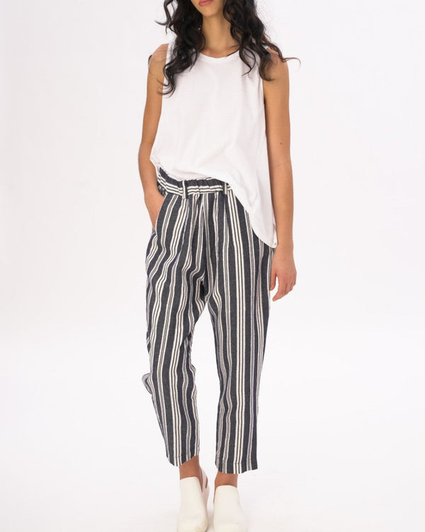 Baci Indigo Striped Cotton Linen Elastic Pants Indigo