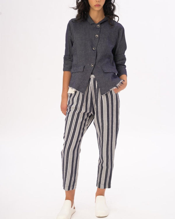 Baci Indigo Striped Cotton Linen Elastic Pants Indigo