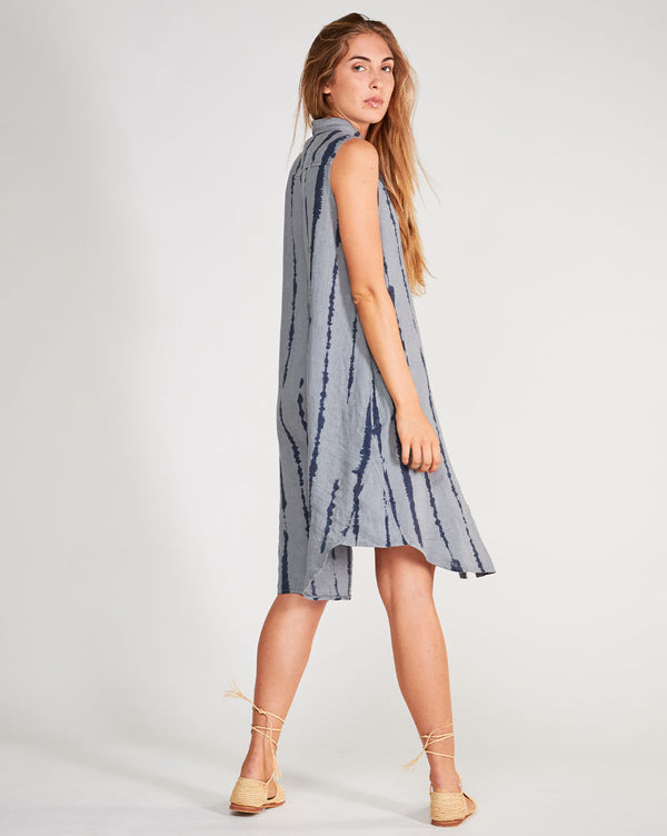 Baci Linen Drip Striped Sleeveless Button-Up Shirtdress Camel