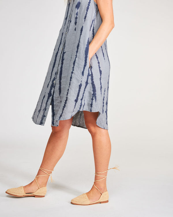 Baci Linen Drip Striped Sleeveless Button-Up Shirtdress Camel