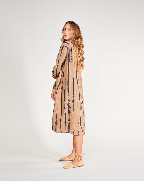 Baci Linen Drip Striped TIe-Waist Button-Up Shirtdress Camel/Navy