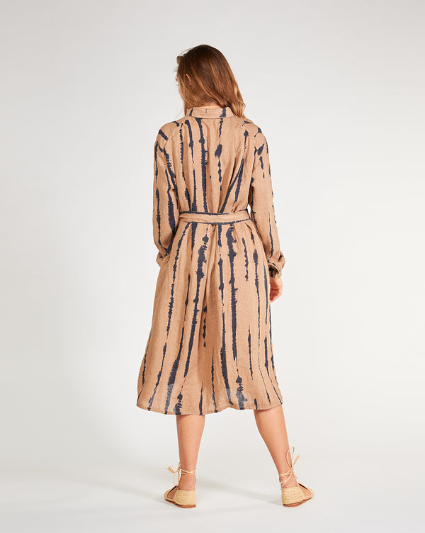 Baci Linen Drip Striped TIe-Waist Button-Up Shirtdress Camel/Navy