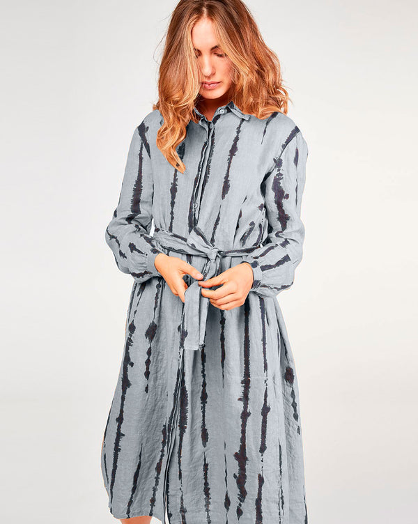 Baci Linen Drip Striped TIe-Waist Button-Up Shirtdress Camel/Navy