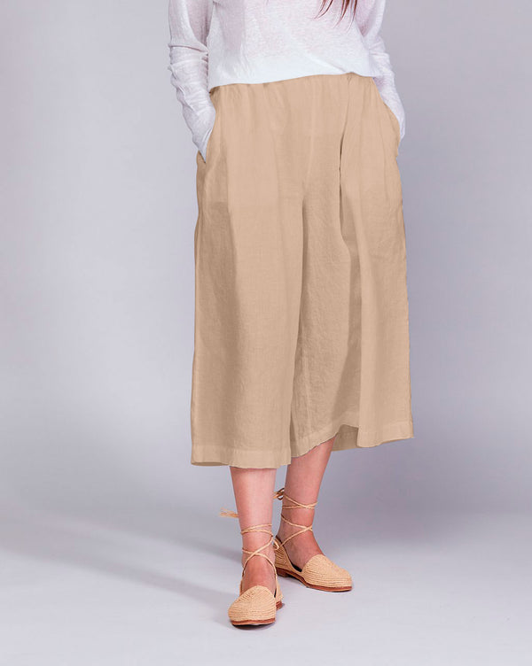 baci Linen Elastic Waist Cropped Palazzo Pants Camel