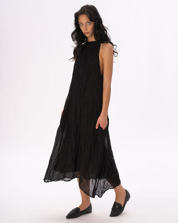 Baci Mock Neck Crinkled Cotton Linen Tank Dress Black