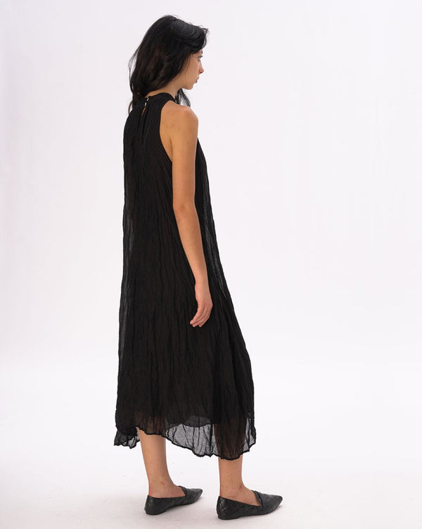 Baci Mock Neck Crinkled Cotton Linen Tank Dress Black