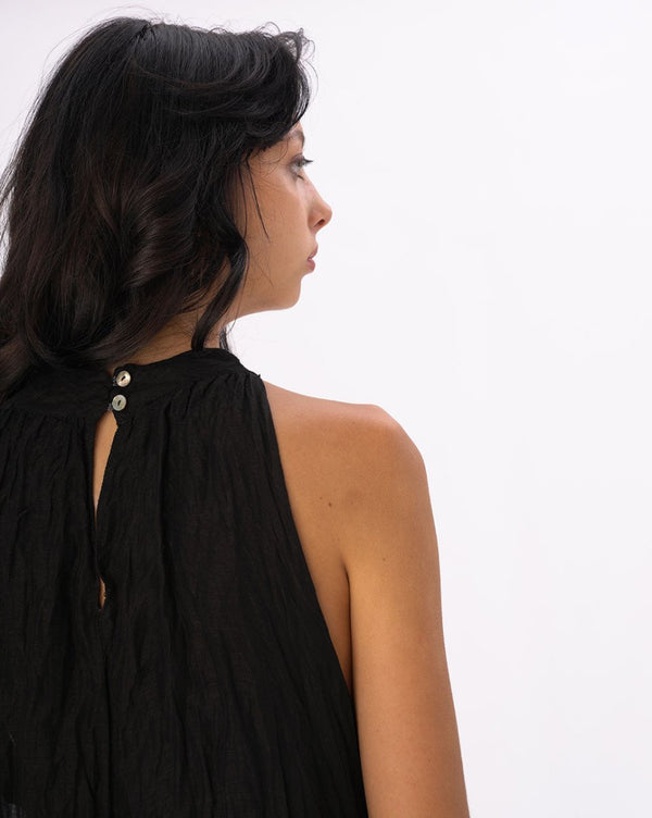 Baci Mock Neck Crinkled Cotton Linen Tank Dress Black
