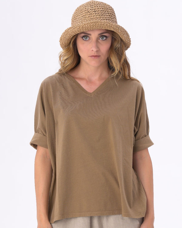 baci Organic Cotton V-neck Cuffed Short Sleeve Top Black