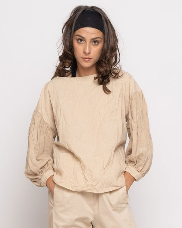 baci Organic Crinkle Long Sleeve Boatneck Top Beige