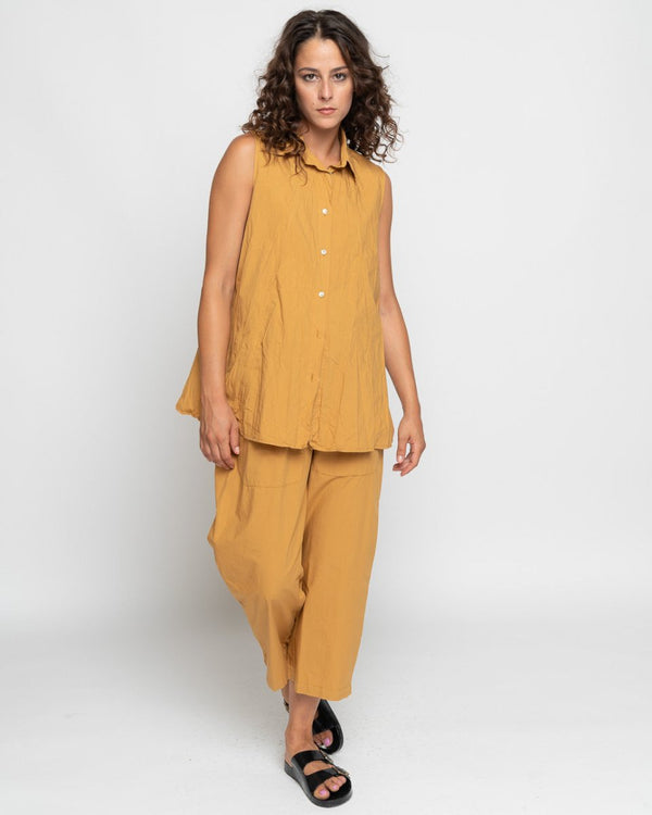 Baci Organic Crinkle Sleeveless Button-Up Shirt Beige