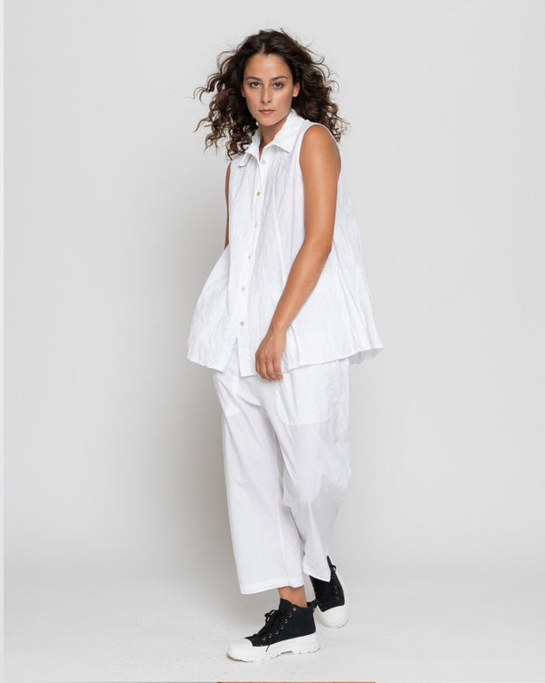 Baci Organic Crinkle Sleeveless Button-Up Shirt Beige