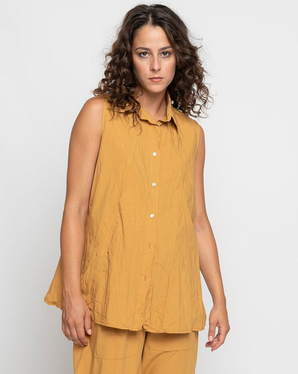 baci Organic Crinkle Sleeveless Button-Up Shirt Beige