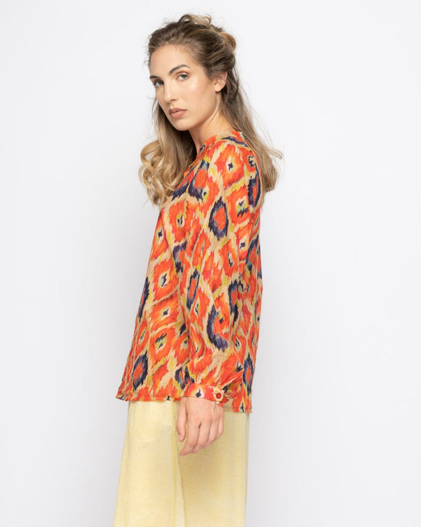 Baci Painterly Diamond Button-Up Band Collar Shirt Orange