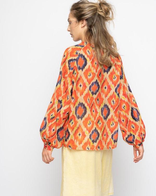 Baci Painterly Diamond Button-Up Band Collar Shirt Orange