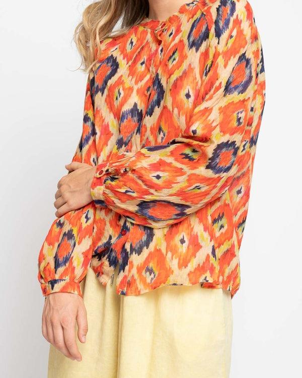 Baci Painterly Diamond Button-Up Band Collar Shirt Orange